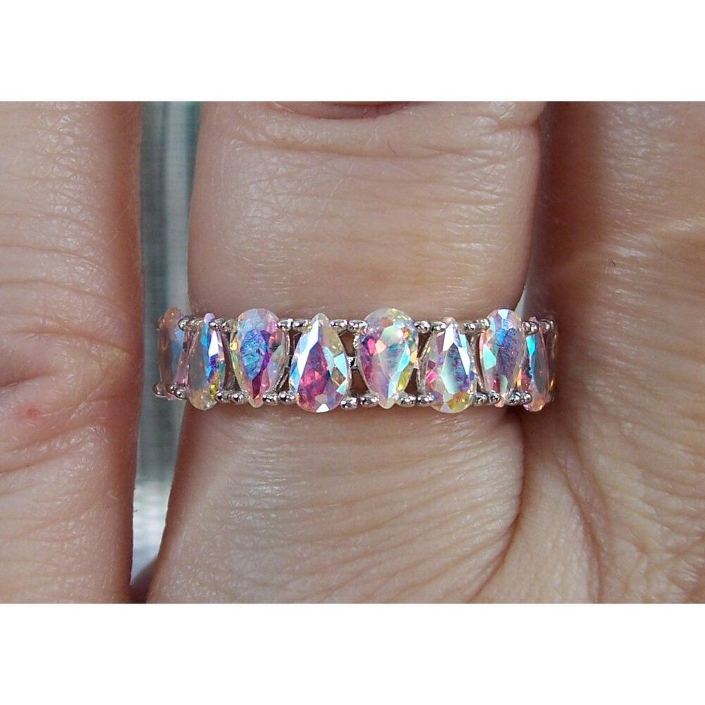 925 STERLING SILVER Aurora Borealis Cubic Zirconia Band Ring - Picture 15 of 16